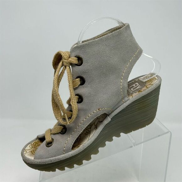 Fly London Women's Gray and Tan Suede Lace-Up Wedge Sandals Size 38 (US 7-7.5) - Picture 3 of 13